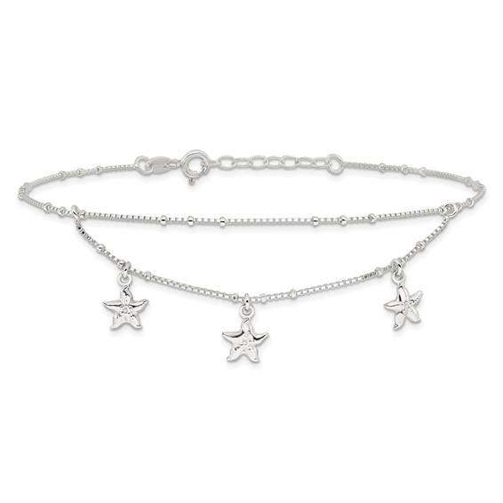 Sterling Silver 2-Strand Starfish 9 inch Plus 1 inch Extender - Total 10 inch Anklet