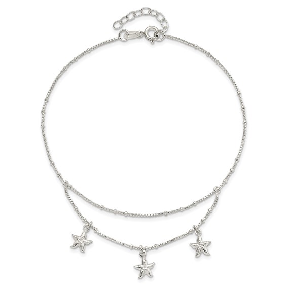 Sterling Silver 2-Strand Starfish 9 inch Plus 1 inch Extender - Total 10 inch Anklet