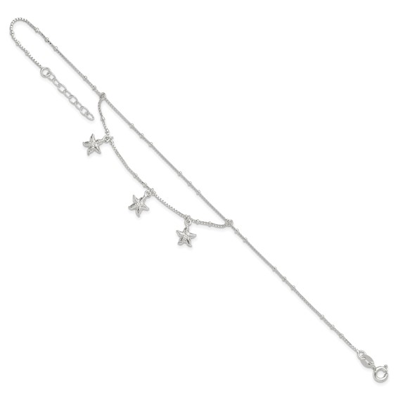 Sterling Silver 2-Strand Starfish 9 inch Plus 1 inch Extender - Total 10 inch Anklet