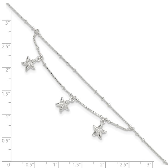 Sterling Silver 2-Strand Starfish 9 inch Plus 1 inch Extender - Total 10 inch Anklet