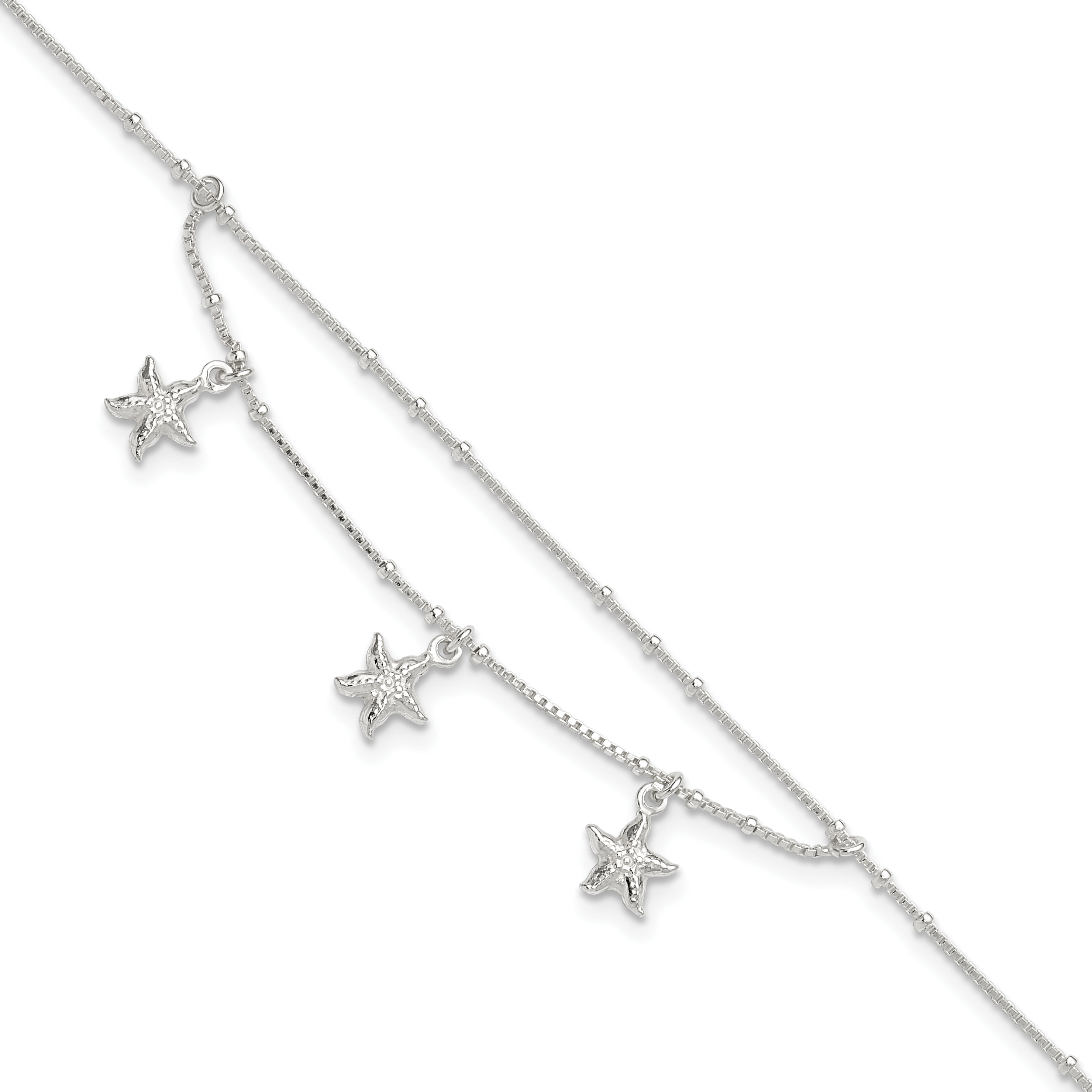 Sterling Silver Polished 2-Strand Starfish 9in Plus 1in Ext Anklet (QG4193-9)