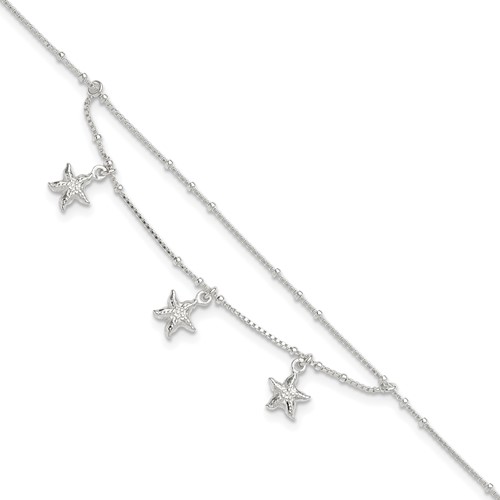 Sterling Silver 2-Strand Starfish Plus 1 Inch Extender - Total 10 Inch Anklet, 9"