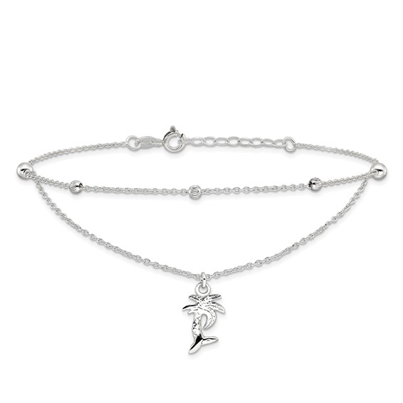 Sterling Silver Palm Tree 2-Strand 9 inch Plus 1 inch Extender - Total 10 inch Anklet
