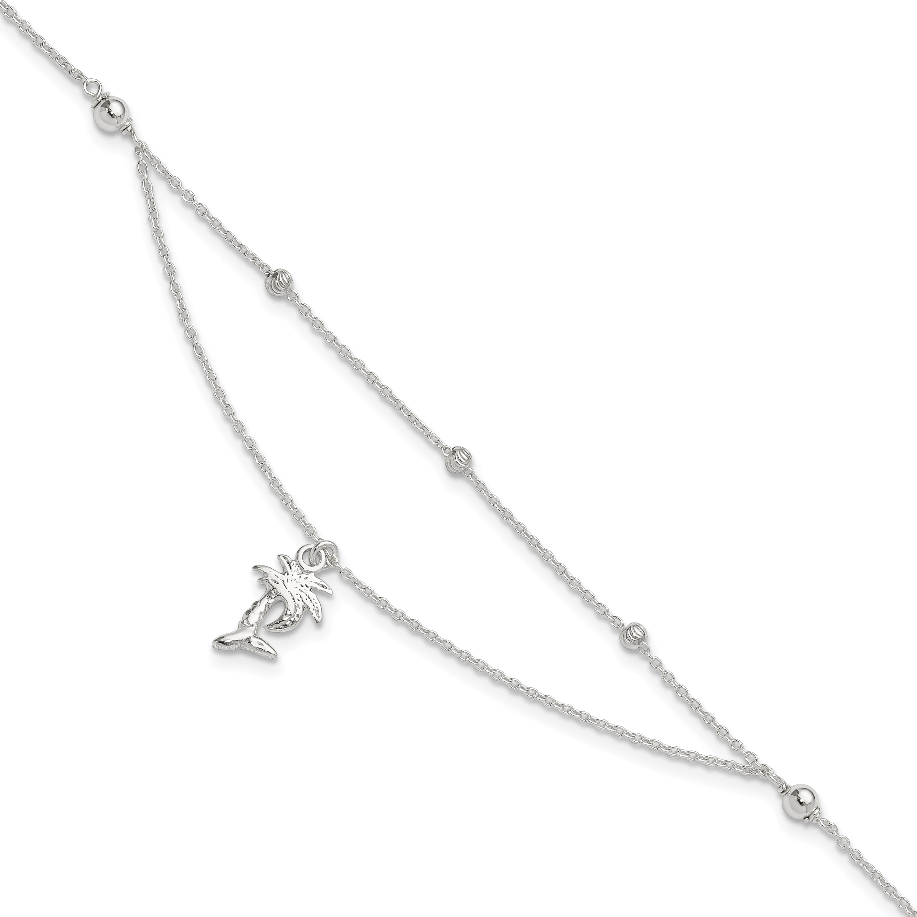 Sterling Silver Polished 2-Strand Palm Tree 9in Plus 1in Ext Anklet (QG4194-9)