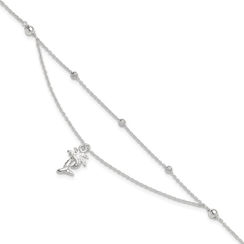 Sterling Silver Palm Tree 2-Strand Plus 1 Inch Extender - Total 10 Inch Anklet, 9"