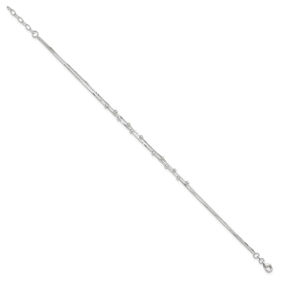 Sterling Silver Beaded 2-strand 9 inch Plus 1 inch Extender - Total 10 inch Anklet