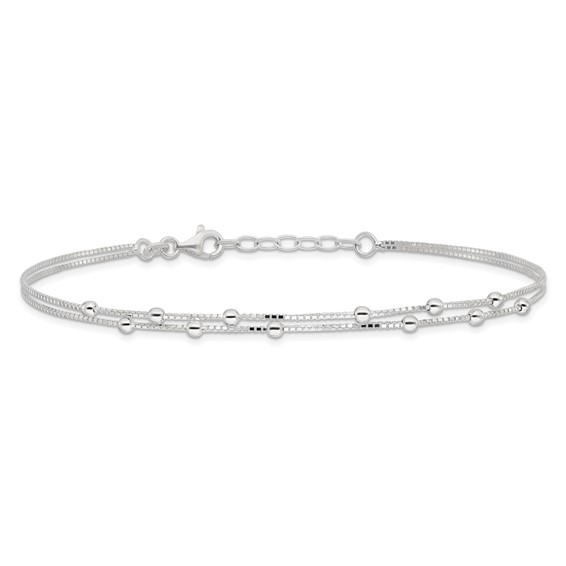 Sterling Silver Beaded 2-strand 9 inch Plus 1 inch Extender - Total 10 inch Anklet