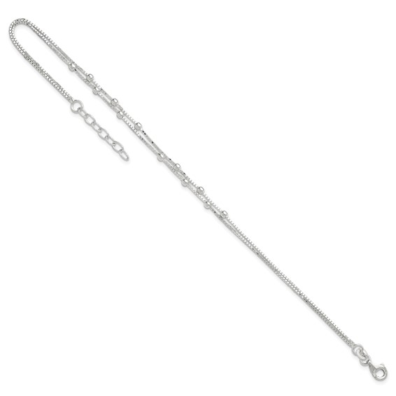 Sterling Silver Beaded 2-strand 9 inch Plus 1 inch Extender - Total 10 inch Anklet
