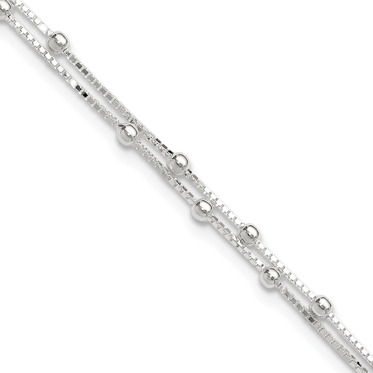 Sterling Silver Polished Beaded 2-strand 9 inch Plus 1 inch ext. Anklet (QG4196-9)