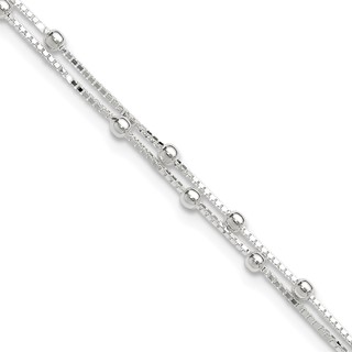 Sterling Silver Beaded 2-strand 9 inch Plus 1 inch Extender - Total 10 inch Anklet