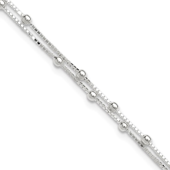 Sterling Silver Beaded 2-strand 9 inch Plus 1 inch Extender - Total 10 inch Anklet
