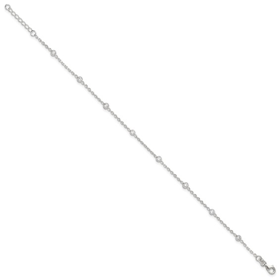 Sterling Silver Rhodium-plated Bezel CZ 8-Station 10 inch Plus 1 inch extender - Total 11 inch Anklet