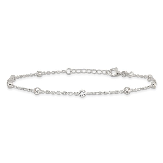 Sterling Silver Rhodium-plated Bezel CZ 8-Station 10 inch Plus 1 inch extender - Total 11 inch Anklet