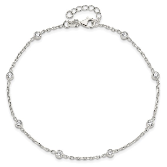 Sterling Silver Rhodium-plated Bezel CZ 8-Station 10 inch Plus 1 inch extender - Total 11 inch Anklet