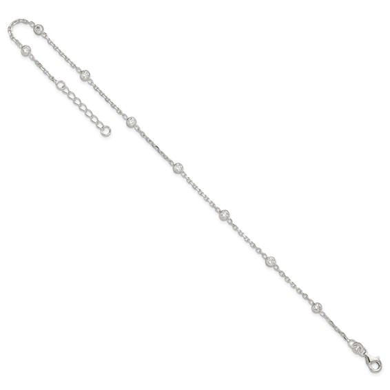 Sterling Silver Bezel CZ 8-Station 8.75 inch Plus 1 inch extender - Total 9.75 inch Anklet