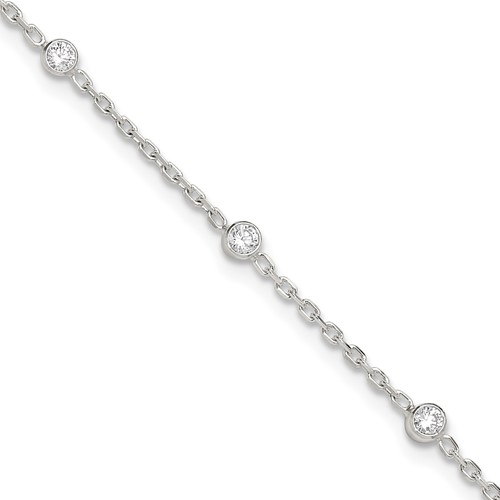 Sterling Silver Bezel CZ 8-Station Plus 1 Inch Extender - Total 9.75 Inch Anklet, 8.75"