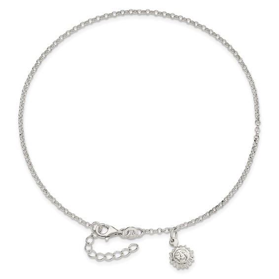 Sterling Silver Sun Charm 10 inch Plus 1 inch Extender - Total 11 inch Anklet
