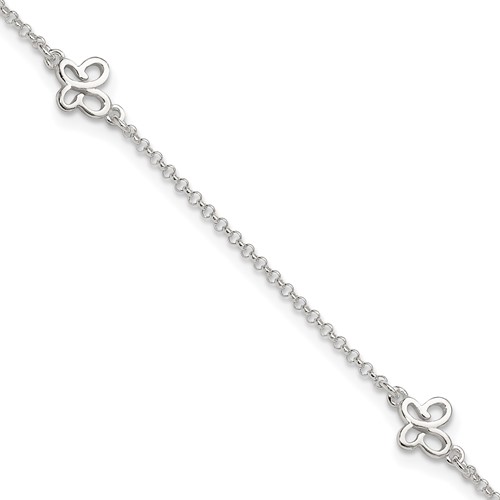 Sterling Silver Butterflies Plus 1 Inch Extender - Total 10 Inch Anklet, 9"