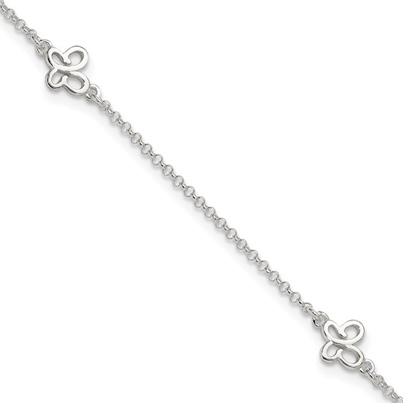 Sterling Silver Butterflies 9 inch Plus 1 inch Extender - Total 10 inch Anklet