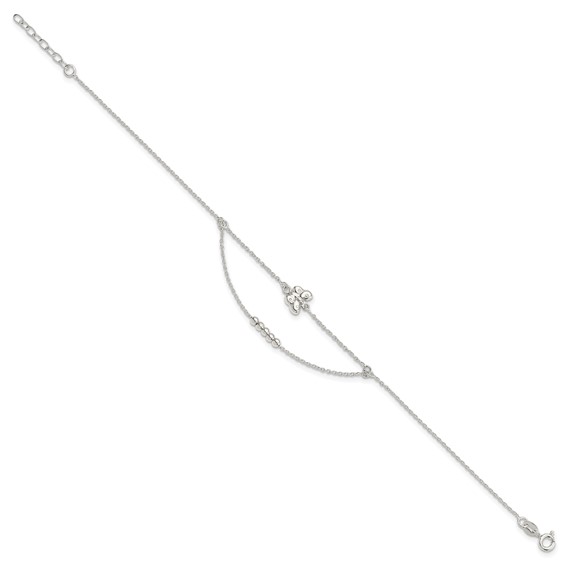 Sterling Silver Butterfly and Beads 2-Strand 9 inch Plus 1 inch Extender - Total 10 inch Anklet