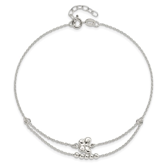 Sterling Silver Butterfly and Beads 2-Strand 9 inch Plus 1 inch Extender - Total 10 inch Anklet
