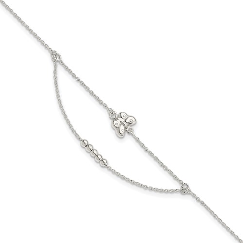 Sterling Silver Butterfly and Beads 2-Strand Plus 1 Inch Extender - Total 10 Inch Anklet, 9"