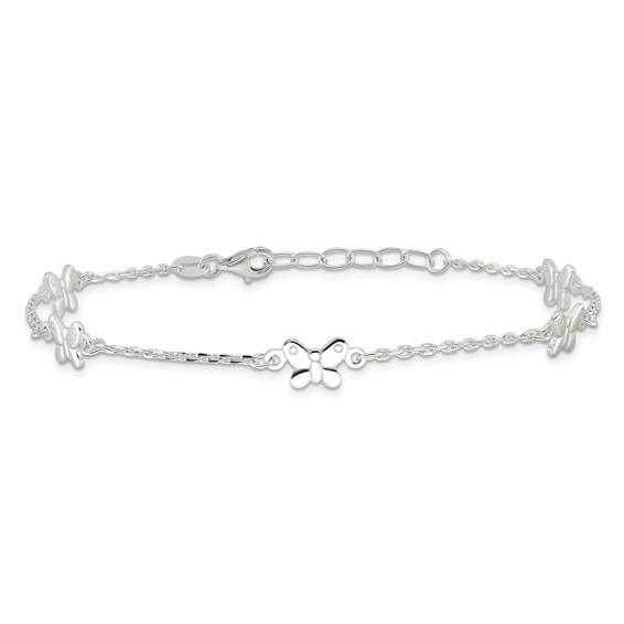 Sterling Silver Butterflies 9 inch Plus 1 inch Extender - Total 10 inch Anklet
