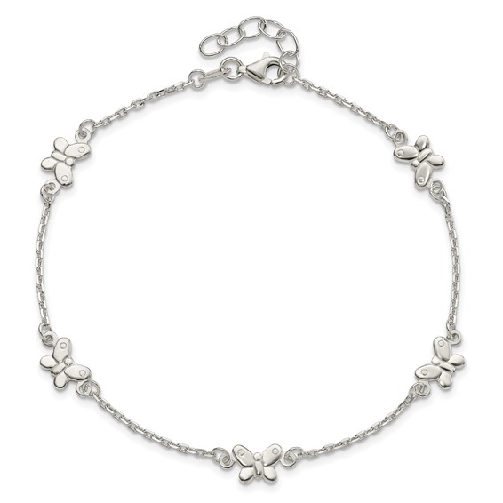 Sterling Silver Butterflies 9 inch Plus 1 inch Extender - Total 10 inch Anklet
