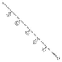 Sterling Silver Rhodium-plated Beach Theme Charm Bracelet, 7" view 2