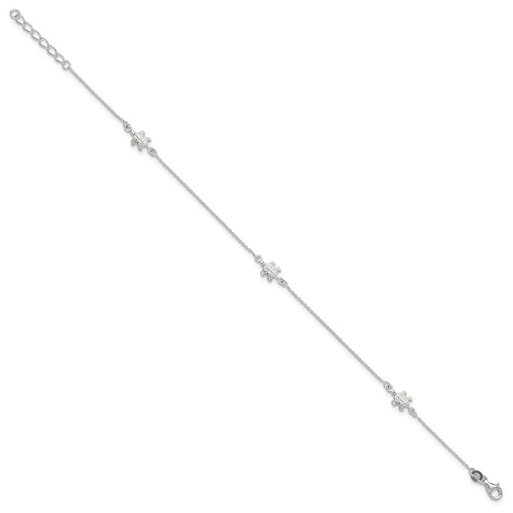 Sterling Silver Turtle 3-Station 9 inch Plus 1 inch Extender - Total 10 inch Anklet