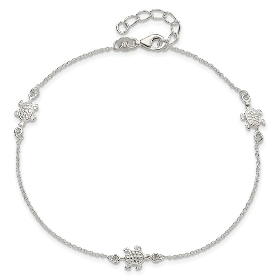 Sterling Silver Turtle 3-Station 9 inch Plus 1 inch Extender - Total 10 inch Anklet
