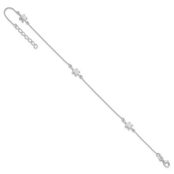 Sterling Silver Turtle 3-Station 9 inch Plus 1 inch Extender - Total 10 inch Anklet