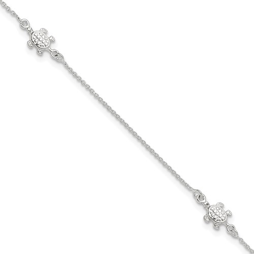 Sterling Silver Turtle 3-Station Plus 1 Inch Extender - Total 10 Inch Anklet, 9"