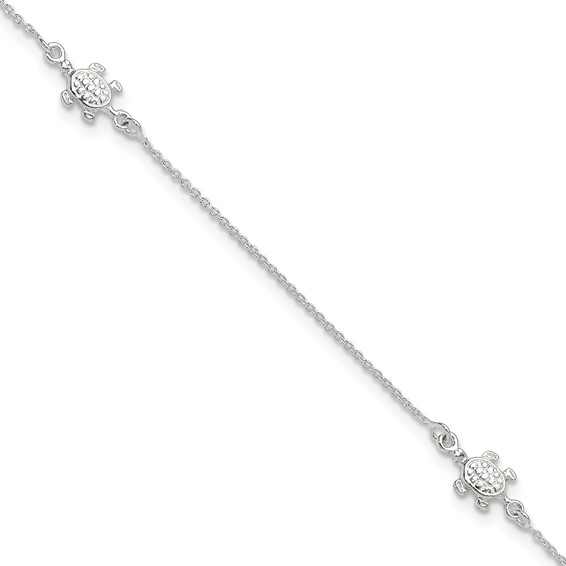 Sterling Silver Turtle 3-Station 9 inch Plus 1 inch Extender - Total 10 inch Anklet