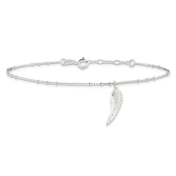 Sterling Silver Wing Charm 9 inch Plus 1 inch Extender - Total 10 inch Anklet