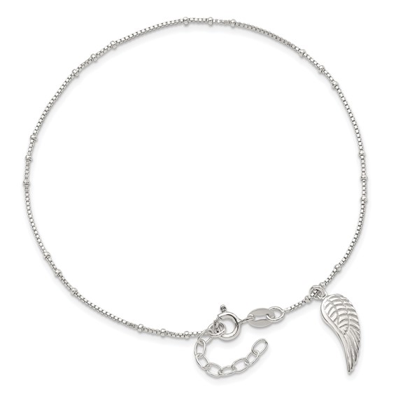 Sterling Silver Wing Charm 9 inch Plus 1 inch Extender - Total 10 inch Anklet