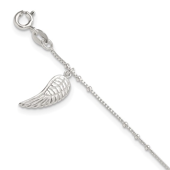 Sterling Silver Wing Charm 9 inch Plus 1 inch Extender - Total 10 inch Anklet