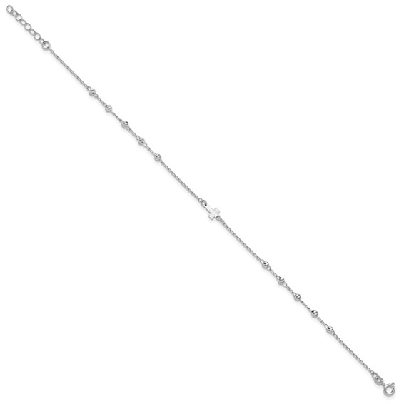 Sterling Silver Rhodium-plated Beads and Cross 9 inch Plus 1 inch Extender - Total 10 inch Anklet