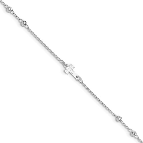 Sterling Silver Rhodium-plated Beads and Cross Plus 1 Inch Extender - Total 10 Inch Anklet, 9"