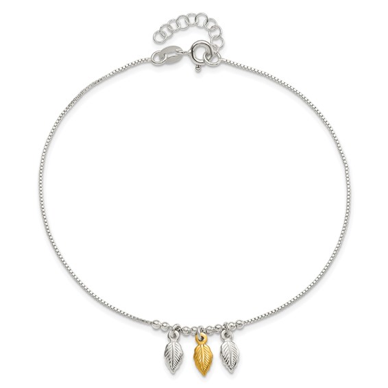 Sterling Silver Gold-tone Feathers 9 inch Plus 1 inch Extender - Total 10 inch Anklet