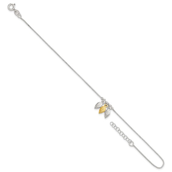 Sterling Silver Gold-tone Feathers 9 inch Plus 1 inch Extender - Total 10 inch Anklet