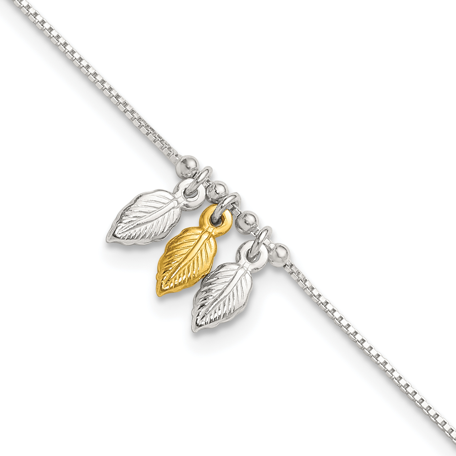 Sterling Silver Gold-tone Polished Feather 9in w/1in ext Anklet (QG4216-9)