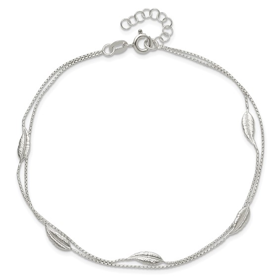 Sterling Silver 2-Strand Feathers 10 inch Plus 1 inch Extender - Total 11 inch Anklet
