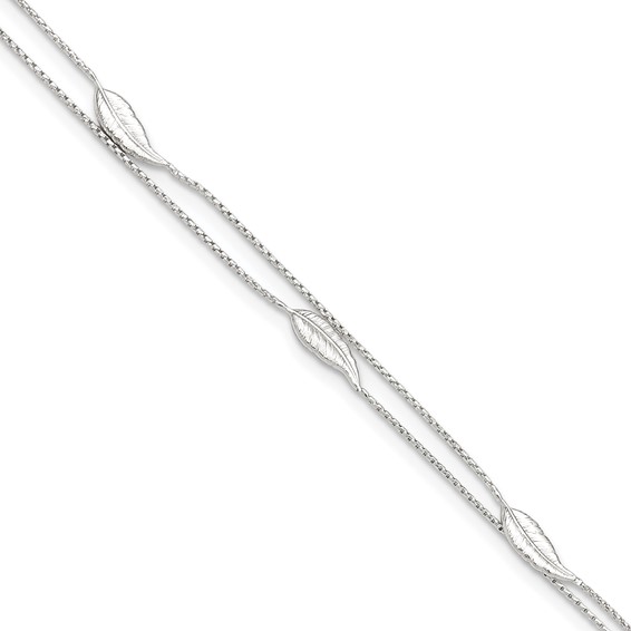Sterling Silver 2-Strand Feathers 10 inch Plus 1 inch Extender - Total 11 inch Anklet