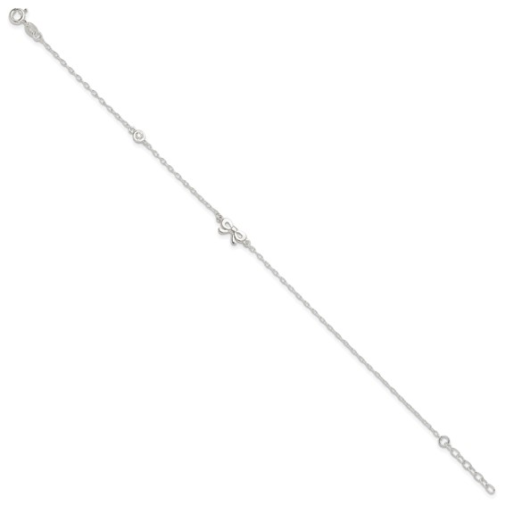 Sterling Silver CZ and Bow 9 inch Plus 1 inch Extender - Total 10 inch Anklet