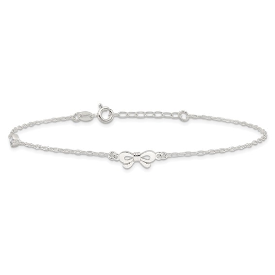Sterling Silver CZ and Bow 9 inch Plus 1 inch Extender - Total 10 inch Anklet