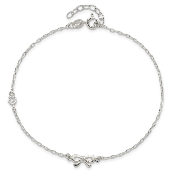 Sterling Silver CZ and Bow 9 inch Plus 1 inch Extender - Total 10 inch Anklet