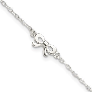 Sterling Silver CZ and Bow 9 inch Plus 1 inch Extender - Total 10 inch Anklet