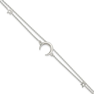 Sterling Silver Polished Moon and Stars 2-strand 7.5in Bracelet