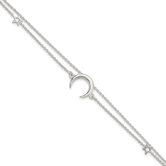 Sterling Silver Polished Moon and Stars 2-strand 7.5in Bracelet
